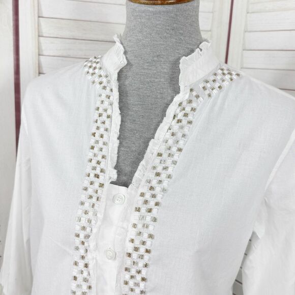 Chicos Beaded Ruffle Trim Button Front Shirt White Small - Picture 5 of 11
